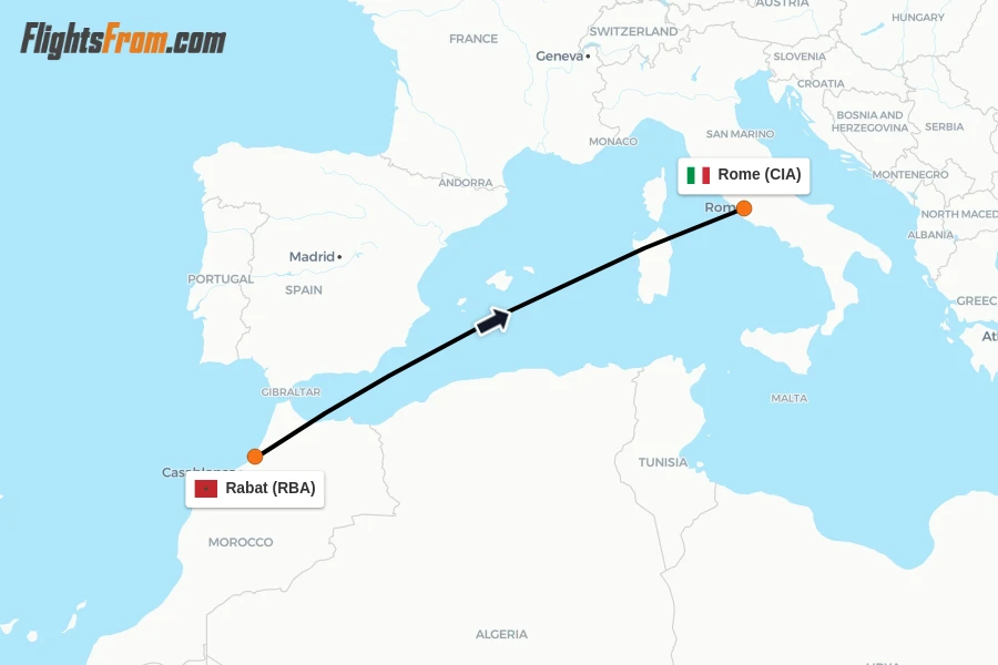Flights from Rabat to Rome route map