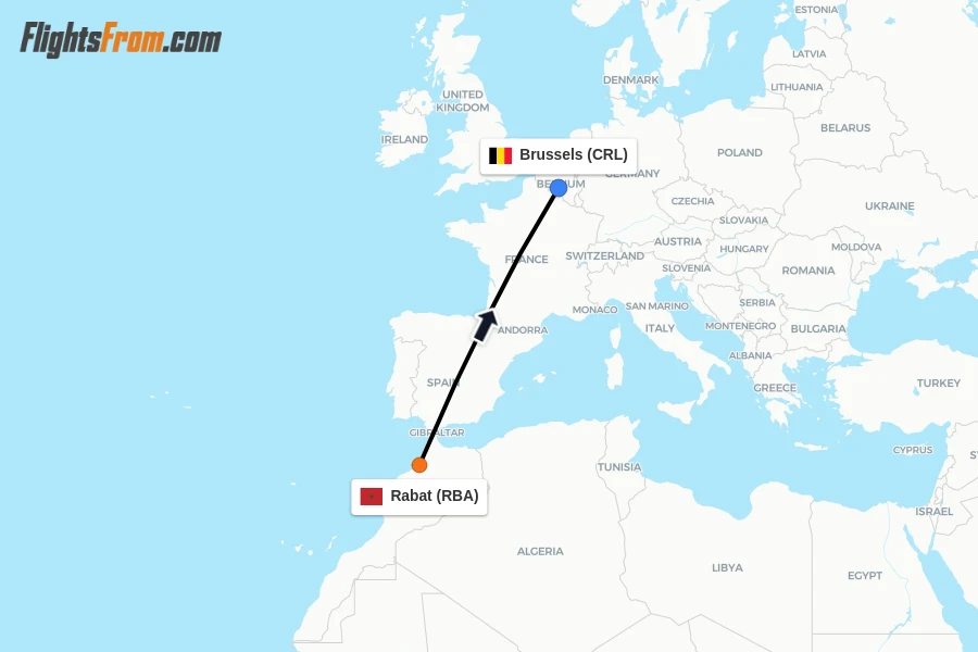 Flights from Rabat to Brussels route map
