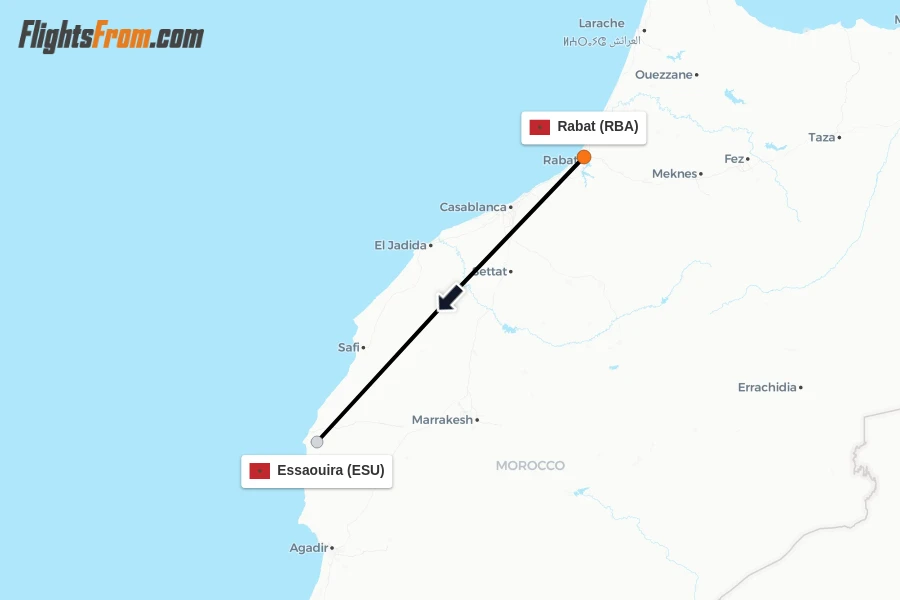Flights from Rabat to Essaouira route map