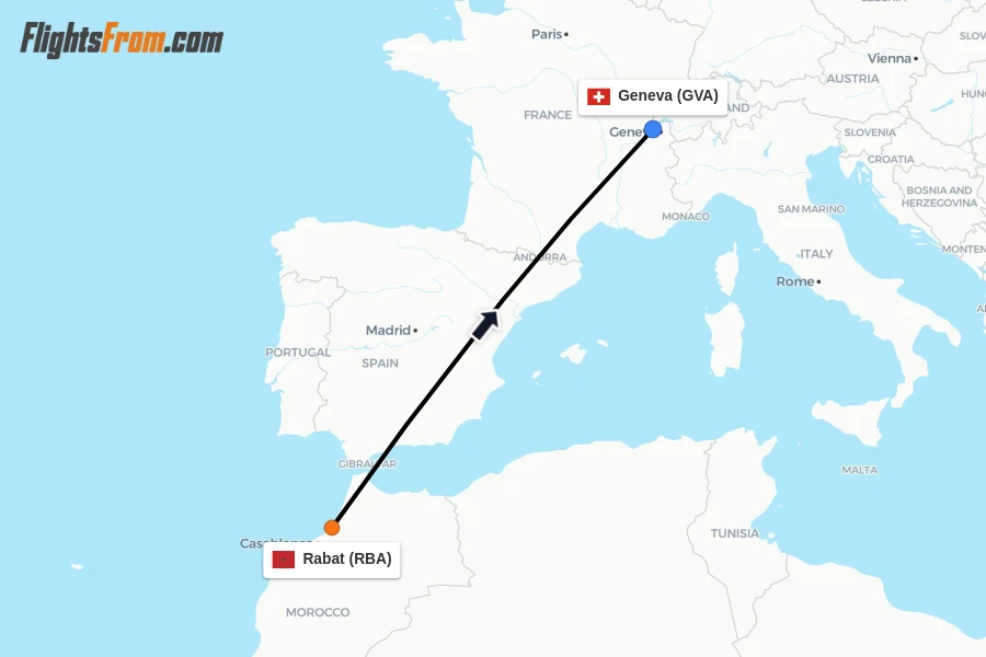 Flights from Rabat to Geneva route map