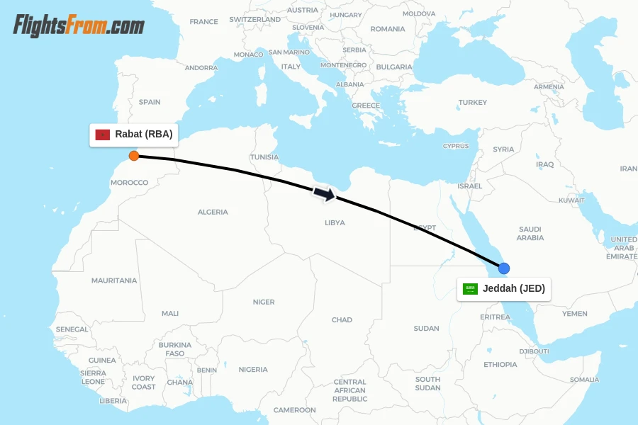 Flights from Rabat to Jeddah route map