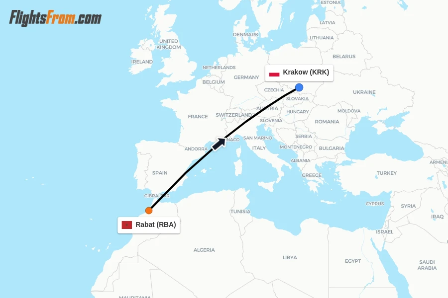Flights from Rabat to Krakow route map