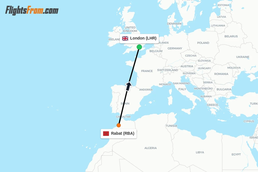Flights from Rabat to London route map