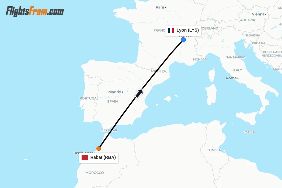 Flights from Rabat to Lyon route map