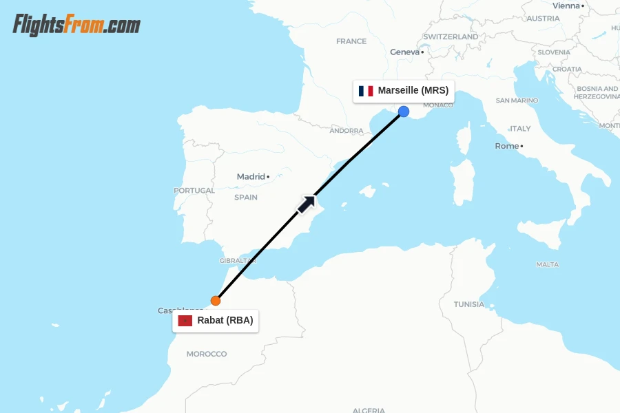 Flights from Rabat to Marseille route map