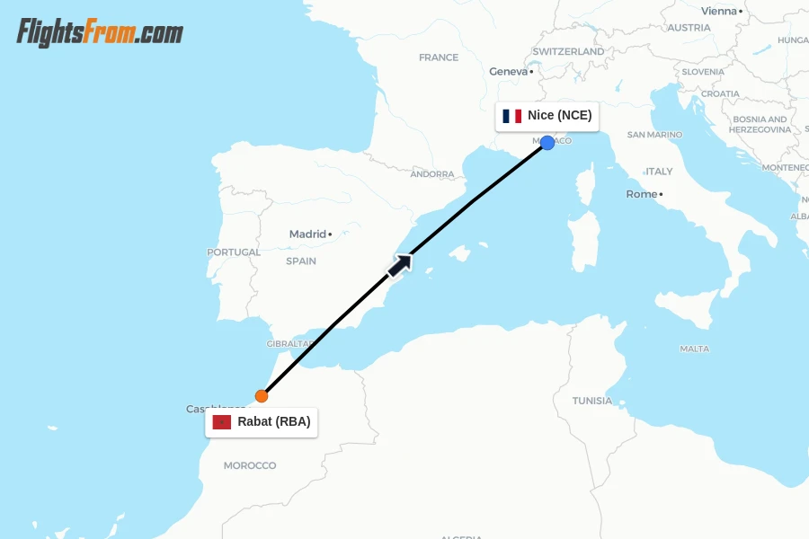 Flights from Rabat to Nice route map