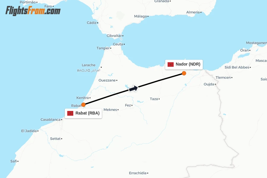 Flights from Rabat to Nador route map