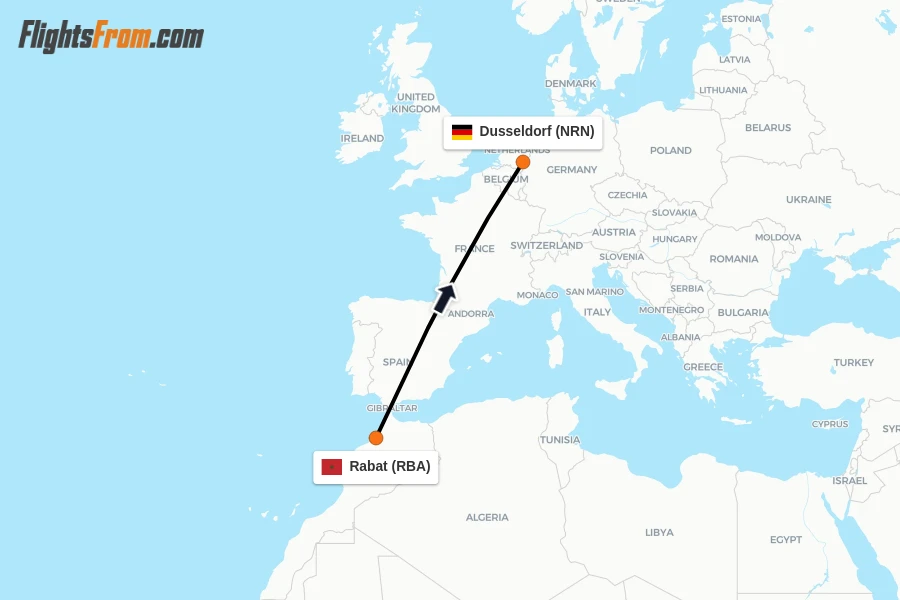 Flights from Rabat to Dusseldorf route map