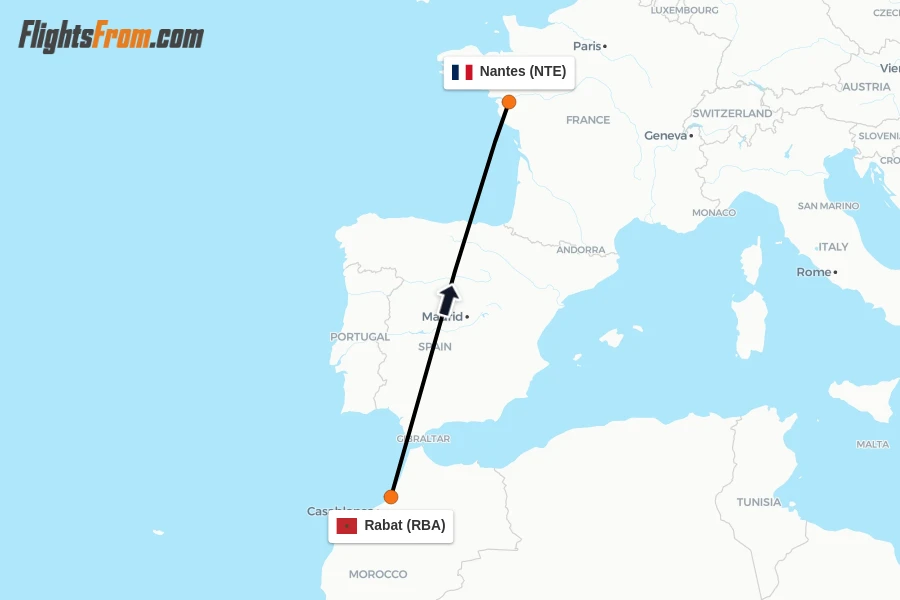 Flights from Rabat to Nantes route map