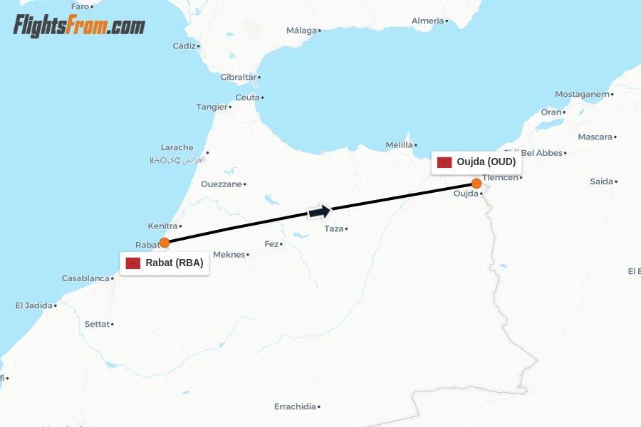 Flights from Rabat to Oujda route map