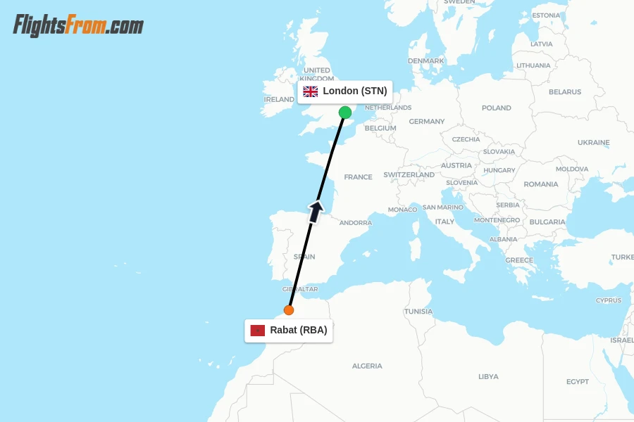 Flights from Rabat to London route map