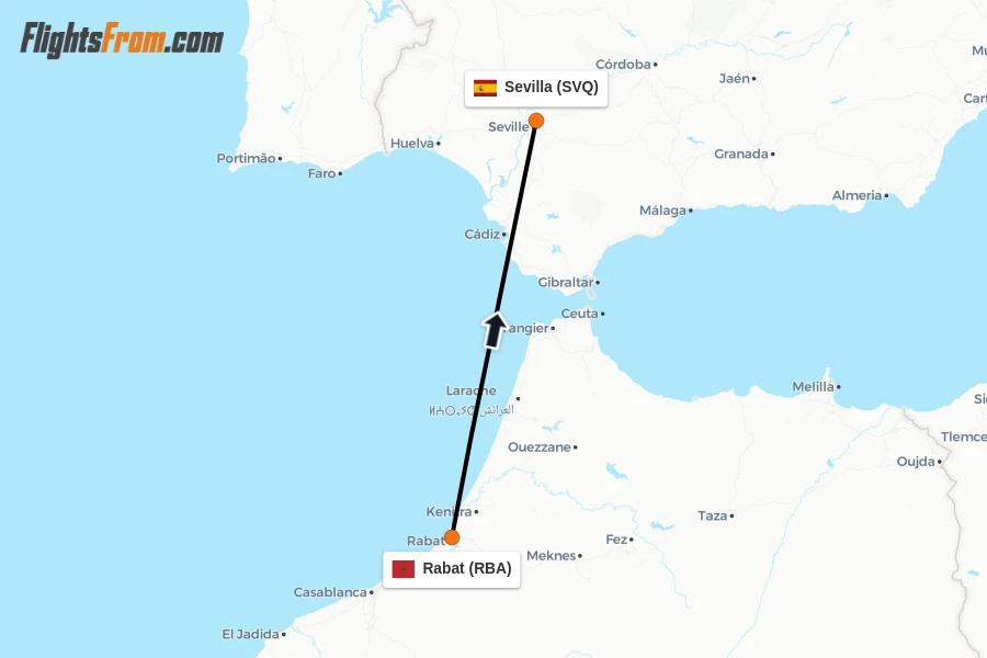 Flights from Rabat to Sevilla route map