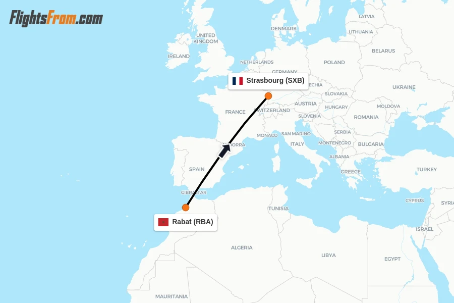 Flights from Rabat to Strasbourg route map