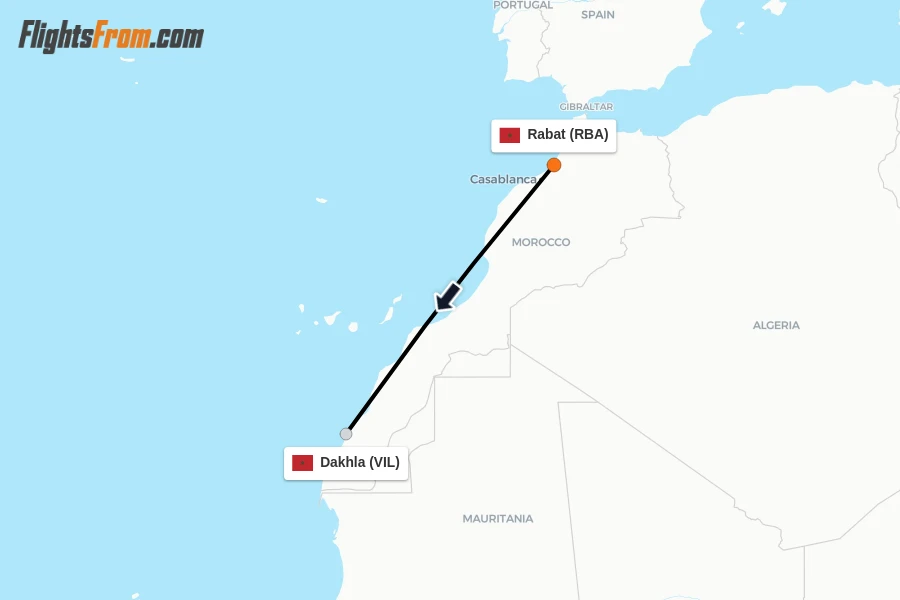 Flights from Rabat to Dakhla route map