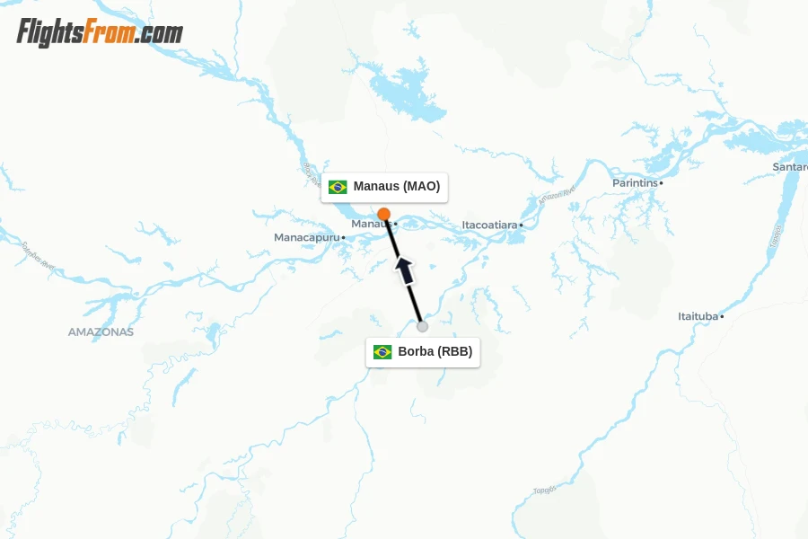 Flights from Borba to Manaus route map