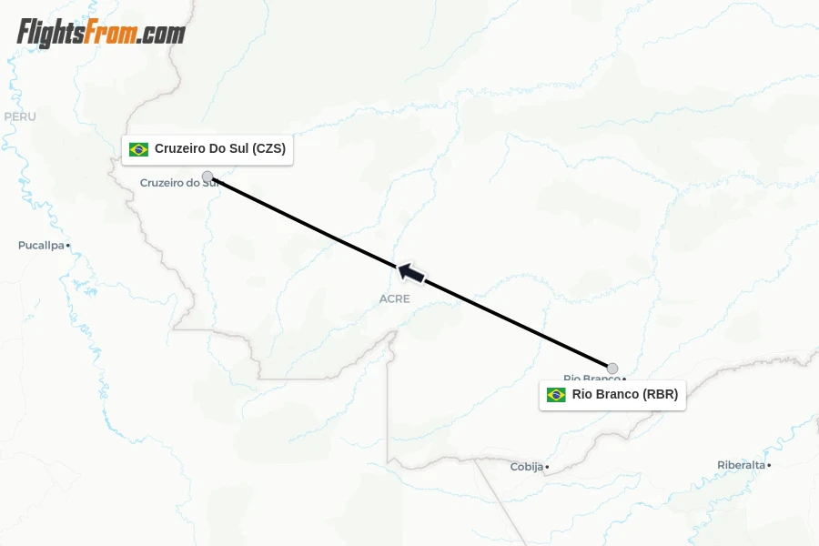 Flights from Rio Branco to Cruzeiro Do Sul route map