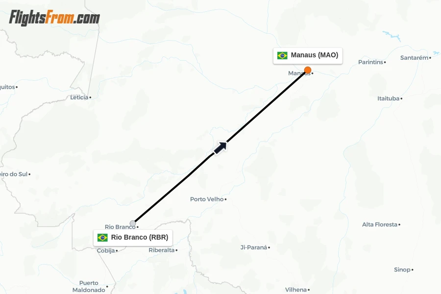 Flights from Rio Branco to Manaus route map