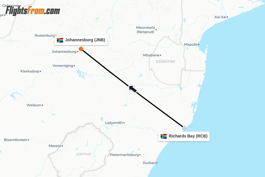 Flights from Richards Bay to Johannesburg route map
