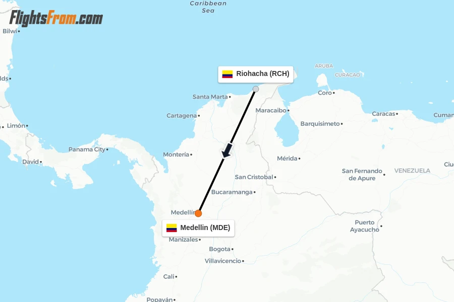 Flights from Riohacha to Medellin route map