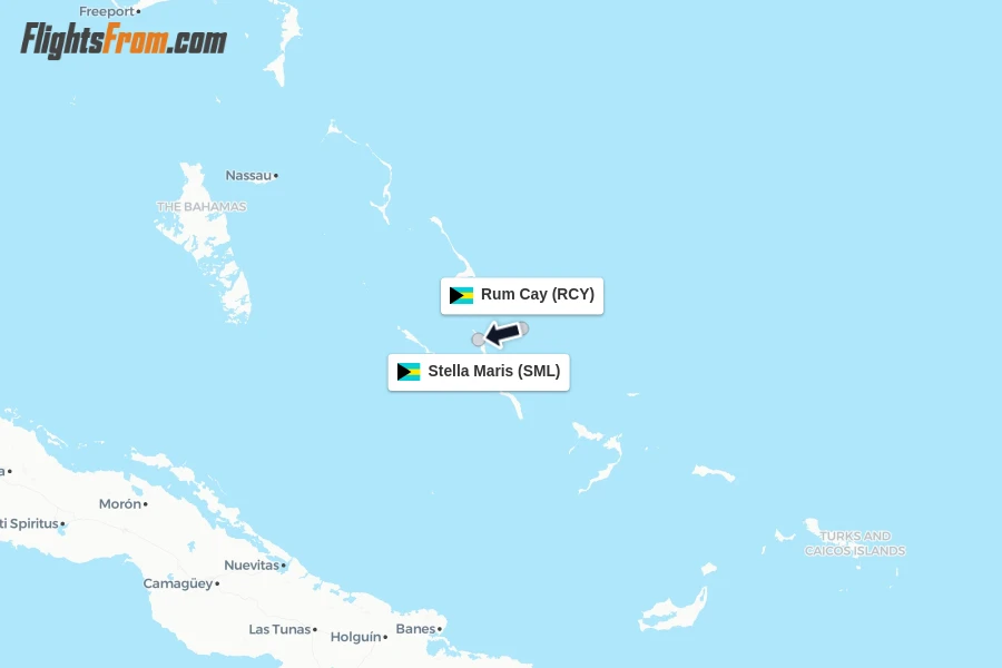 Flights from Rum Cay to Stella Maris route map