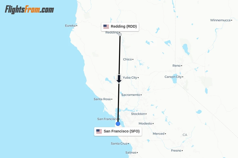 Flights from Redding to San Francisco route map