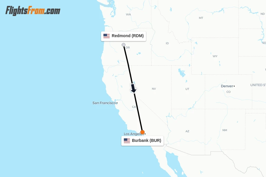 Flights from Redmond to Burbank route map