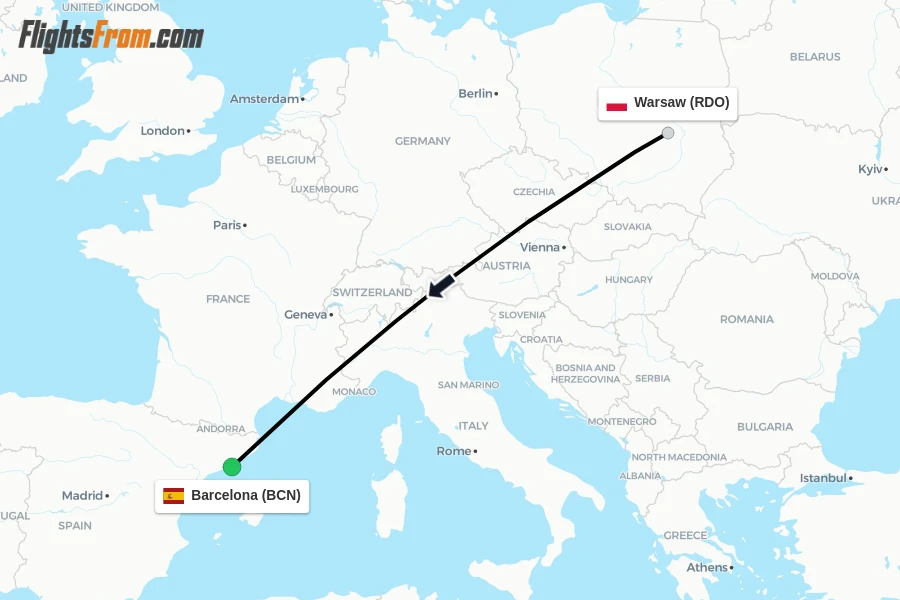 Flights from Warsaw to Barcelona route map