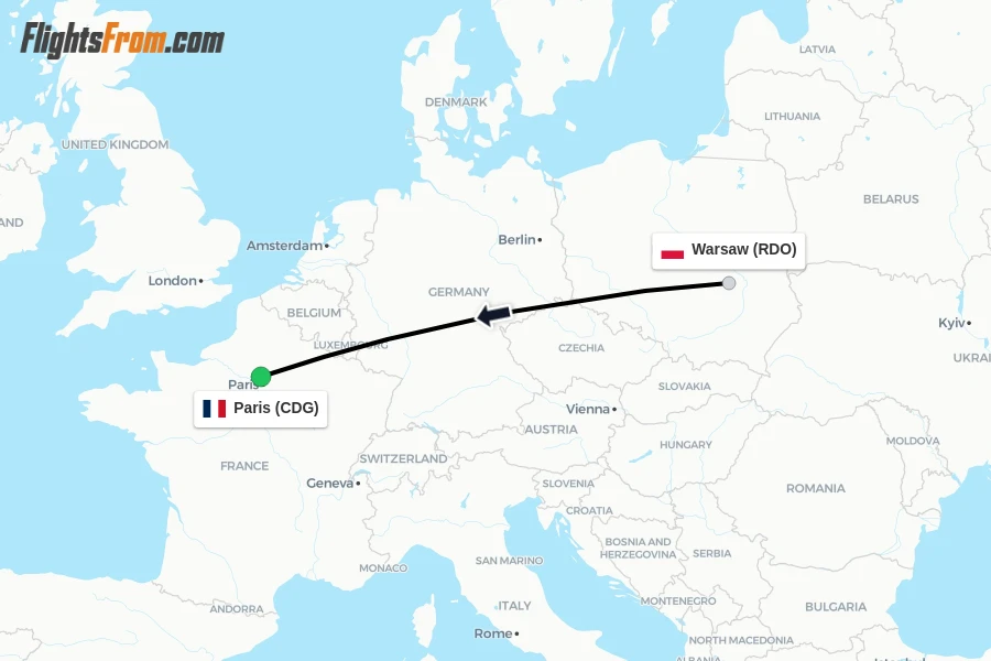 Flights from Warsaw to Paris route map