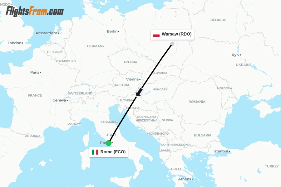 Flights from Warsaw to Rome route map