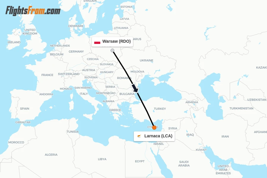 Flights from Warsaw to Larnaca route map