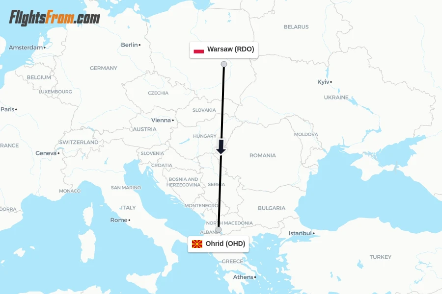 Flights from Warsaw to Ohrid route map