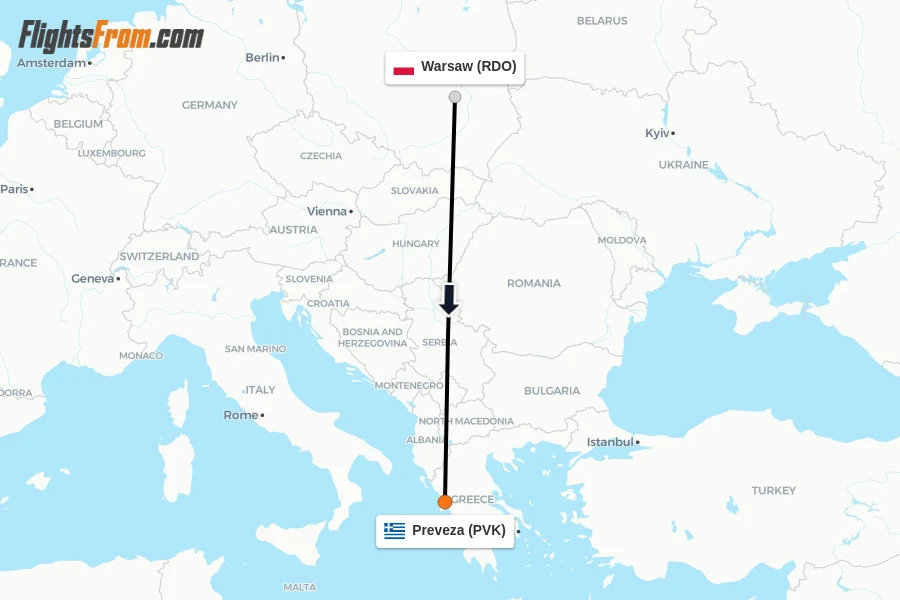 Flights from Warsaw to Preveza route map