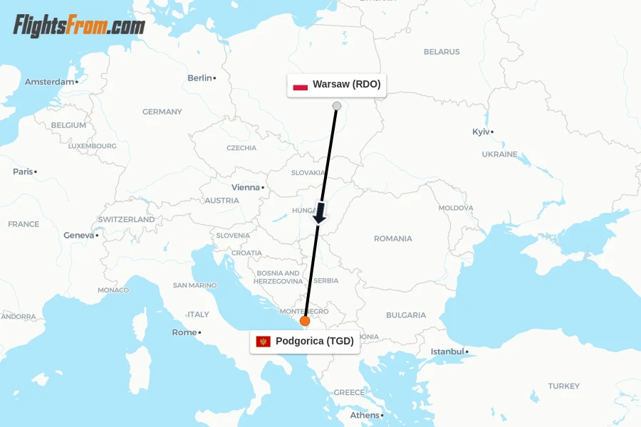 Flights from Warsaw to Podgorica route map