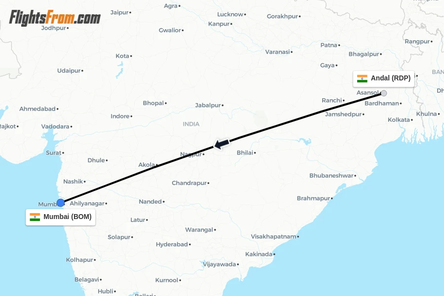 Flights from Andal to Mumbai route map