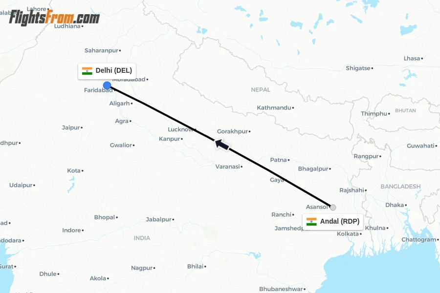 Flights from Andal to Delhi route map