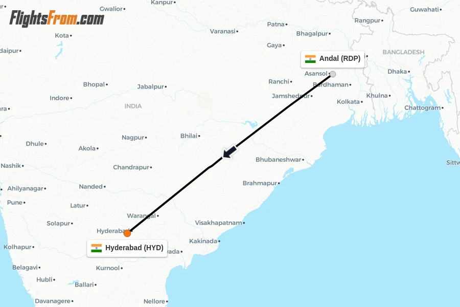 Flights from Andal to Hyderabad route map