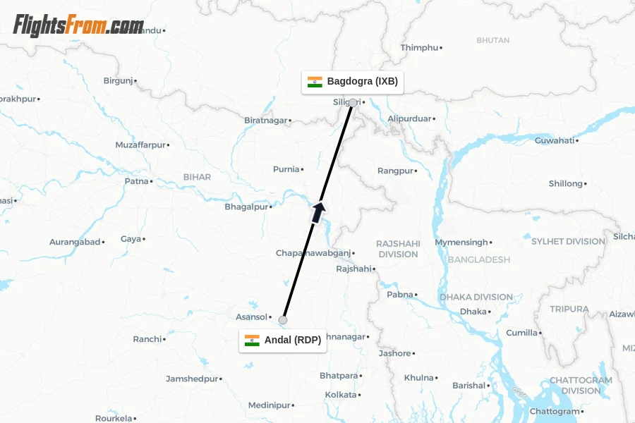 Flights from Andal to Bagdogra route map