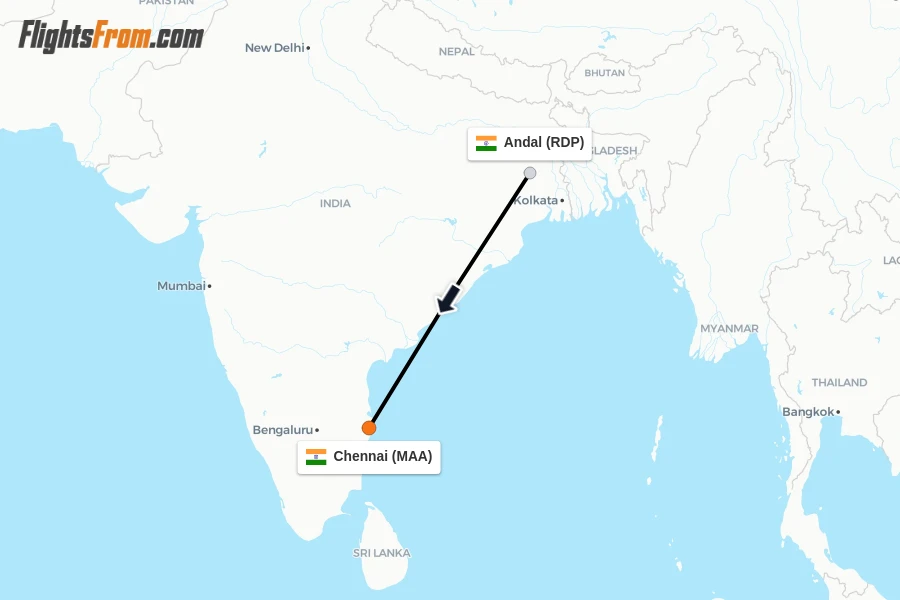 Flights from Andal to Chennai route map