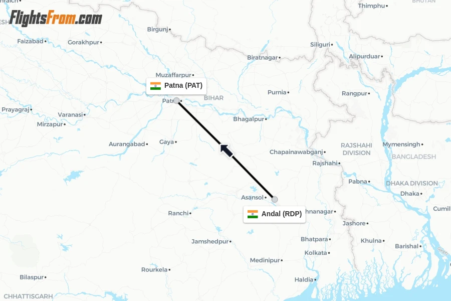 Flights from Andal to Patna route map