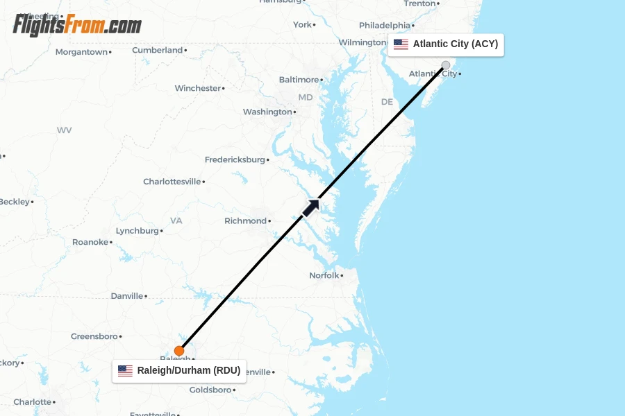 Flights from Raleigh/Durham to Atlantic City route map