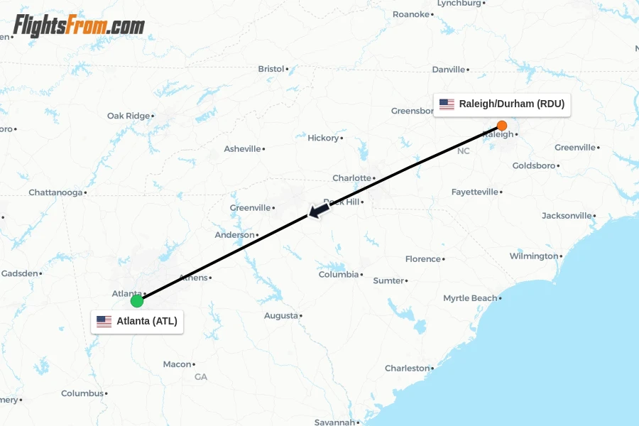 Flights from Raleigh/Durham to Atlanta route map