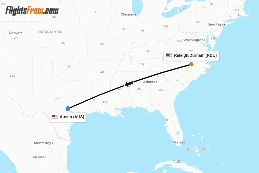 Flights from Raleigh/Durham to Austin route map