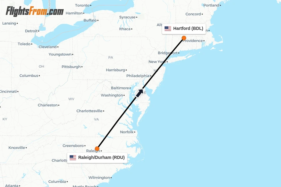 Flights from Raleigh/Durham to Hartford route map