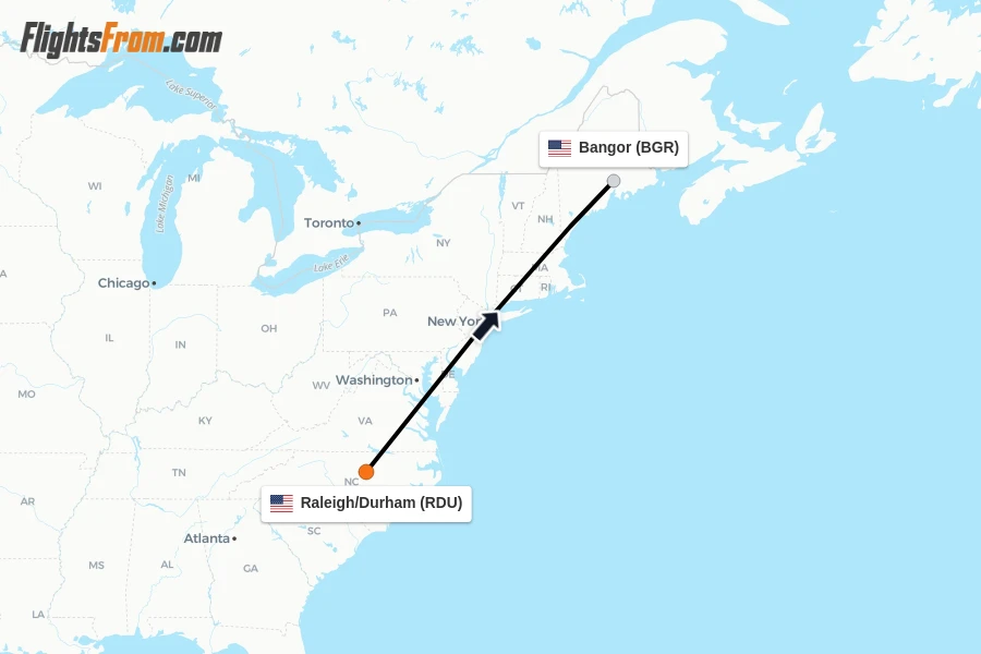 Flights from Raleigh/Durham to Bangor route map