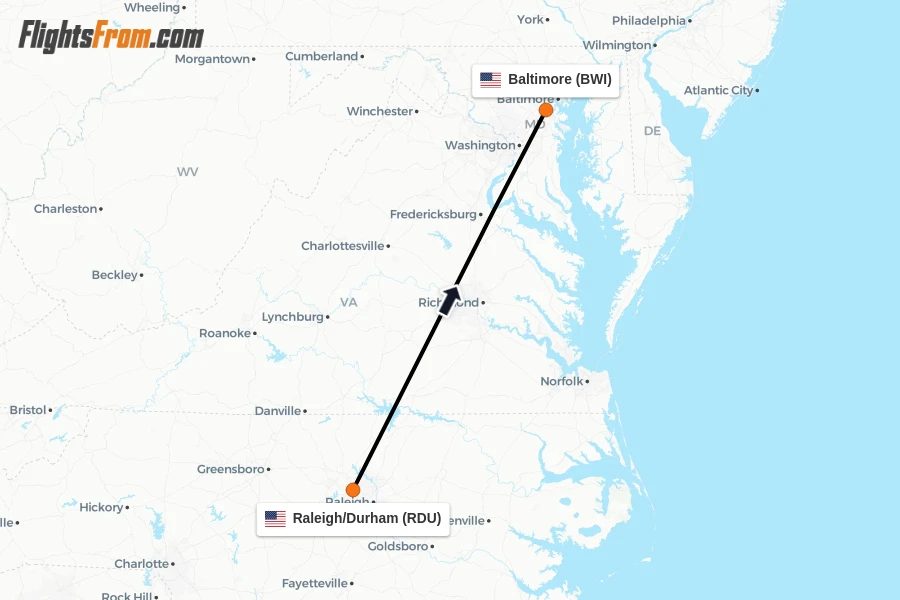Flights from Raleigh/Durham to Baltimore route map