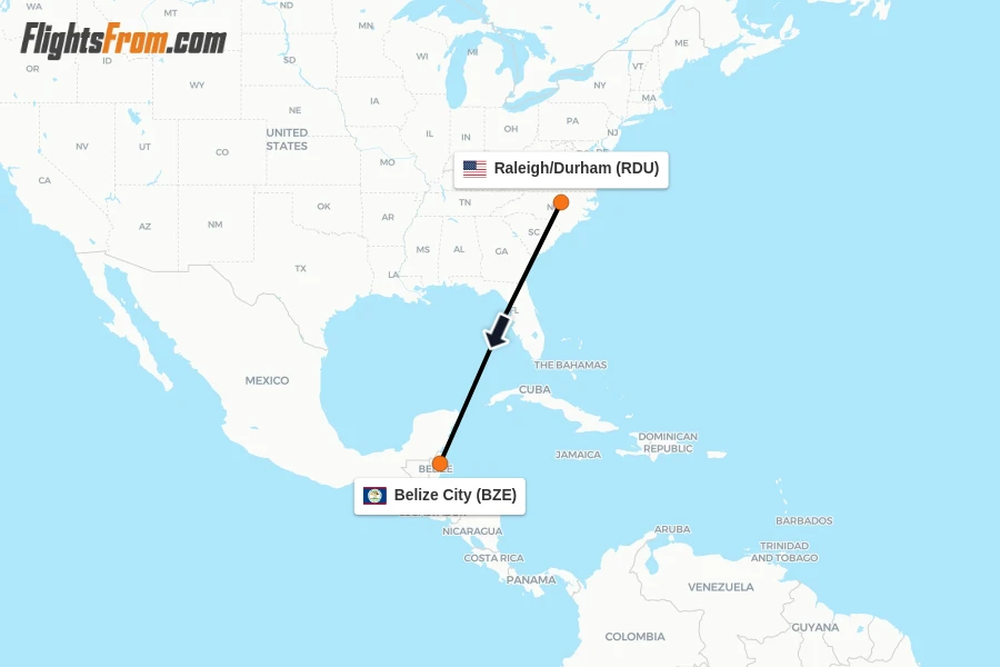 Flights from Raleigh/Durham to Belize City route map