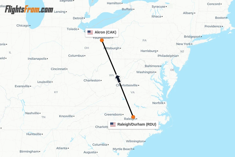 Flights from Raleigh/Durham to Akron route map