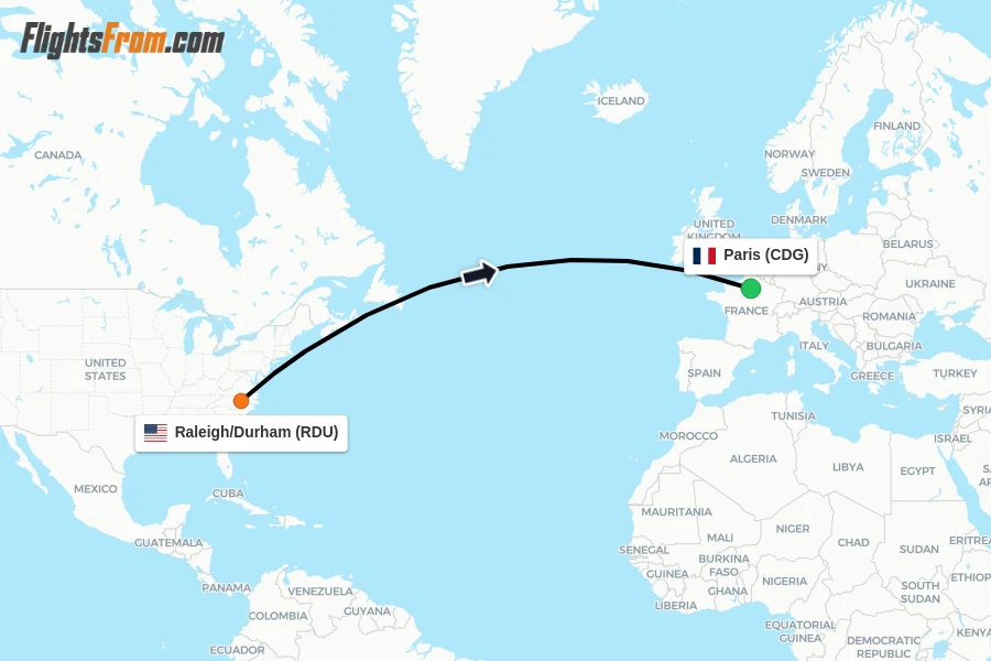 Flights from Raleigh/Durham to Paris route map