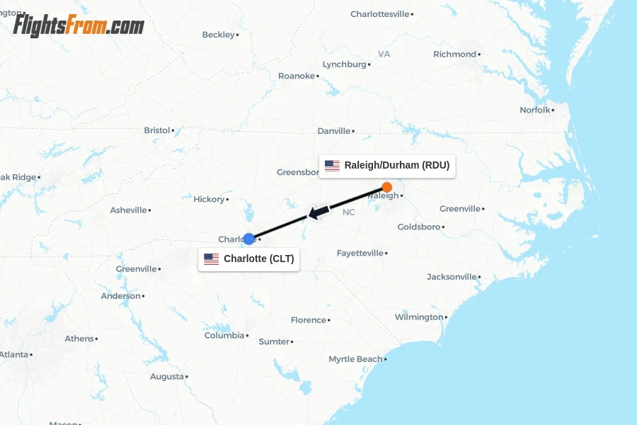 Flights from Raleigh/Durham to Charlotte route map