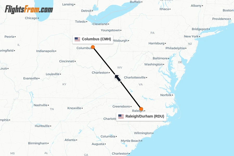 Flights from Raleigh/Durham to Columbus route map